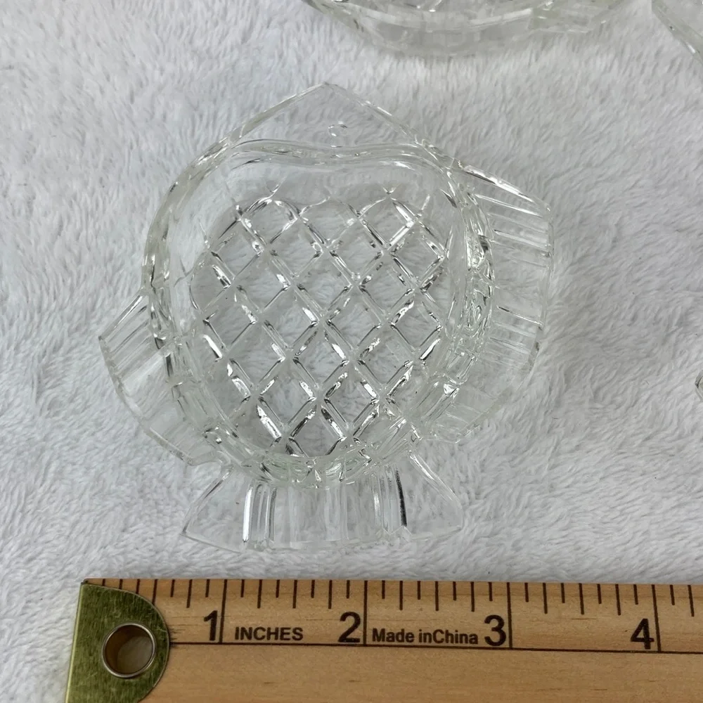 VTG Czechoslovakian Cubist Clear Glass Fish Ashtray Petite Set of 4, 4”